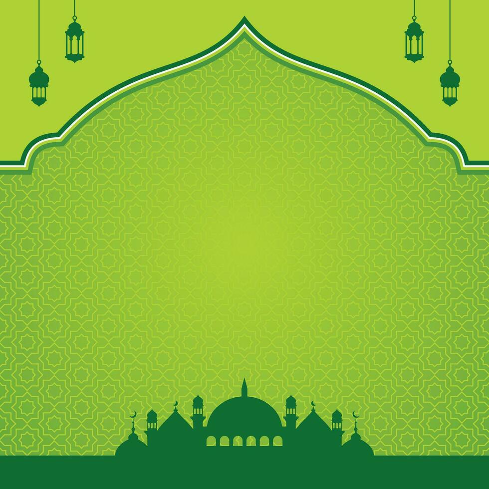 green islamic background design with mosque and lanterns shape, islamic background template vector