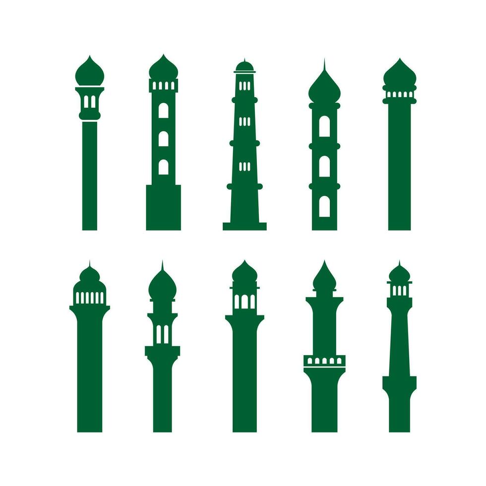 set of different mosque tower shape design, flat mosque tower silhouette template vector