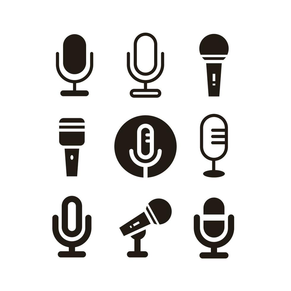 Set of Simple Flat Microphone Icon Illustration Design, Various Silhouette Mic Symbol Collection Template Vector