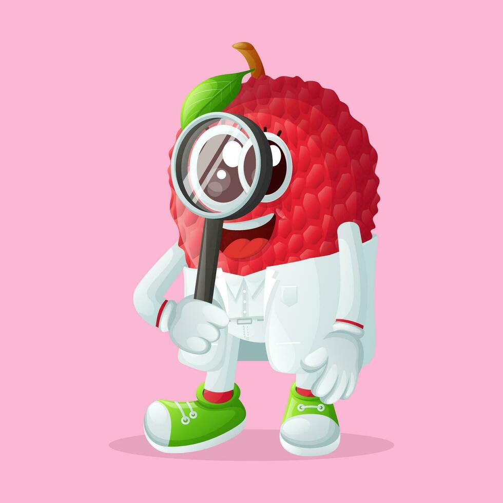 lychee character as a scientist holding magnifying glass vector