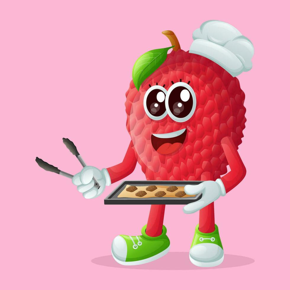 lychee character holding a tray of baked goods vector