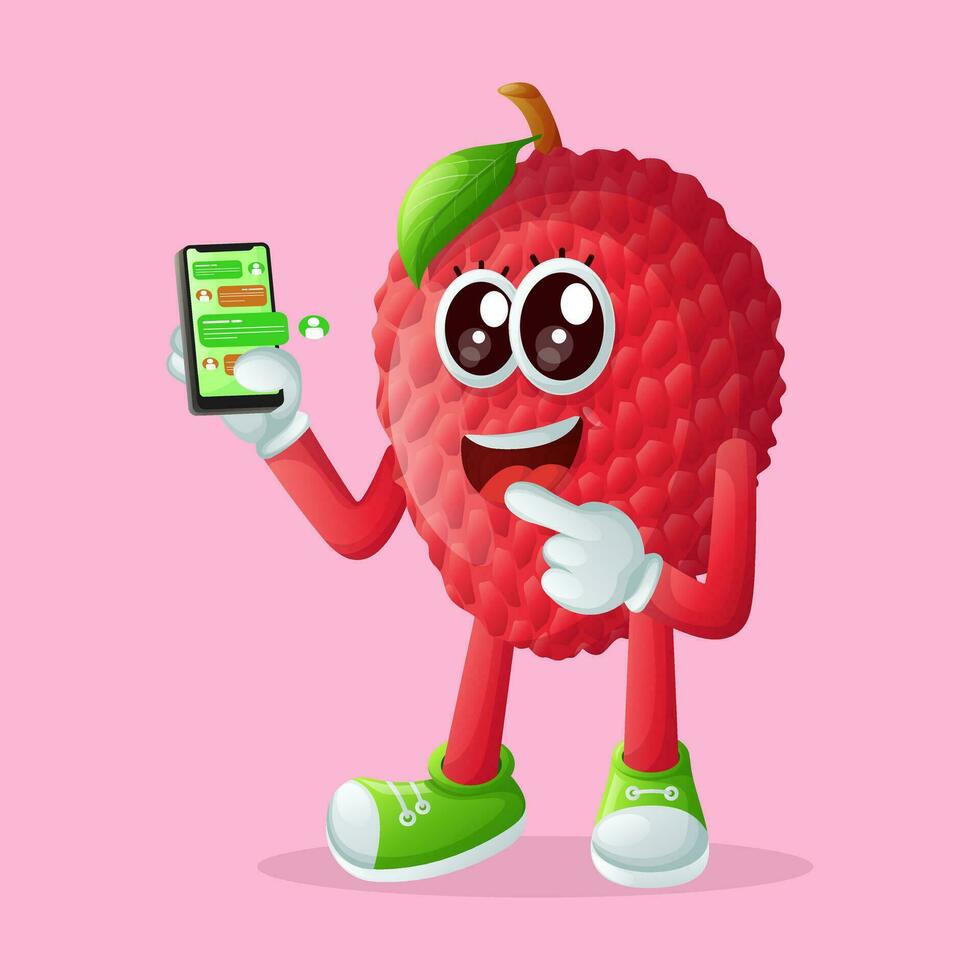 lychee character holding a smartphone and texting vector