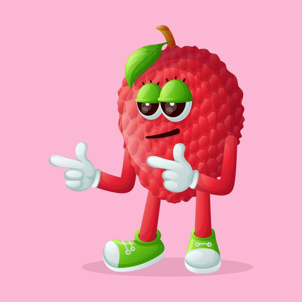 lychee character with pointed hand and cool expression vector