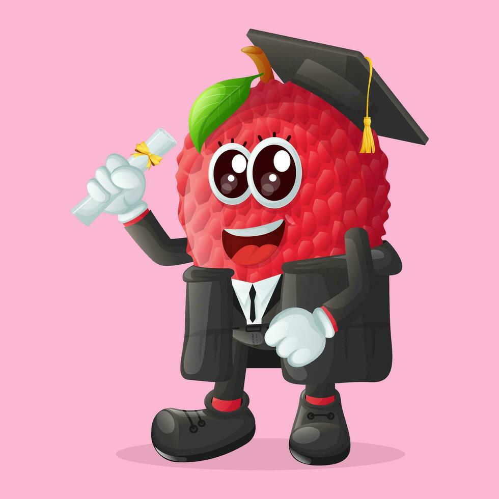 lychee personaje vistiendo un graduación gorra y participación un diploma vector