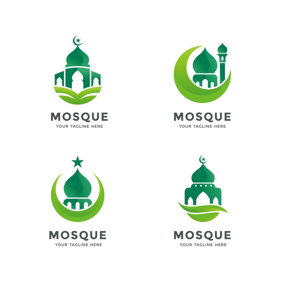 set of green islamic mosque logo vector