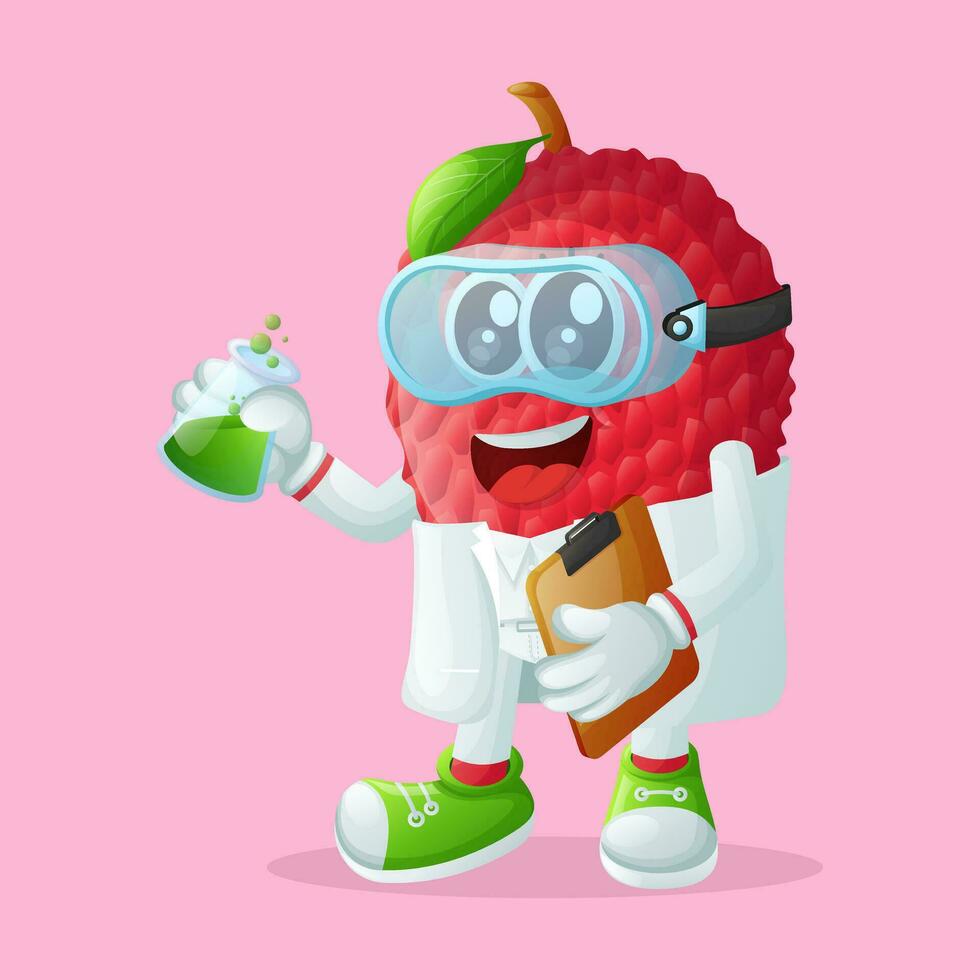 lychee character as a scientist holding a beaker and wearing safety goggles vector