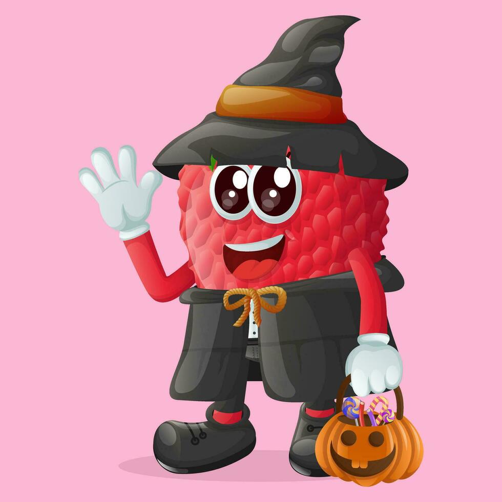 lychee personaje vestido como un bruja y participación un calabaza vector