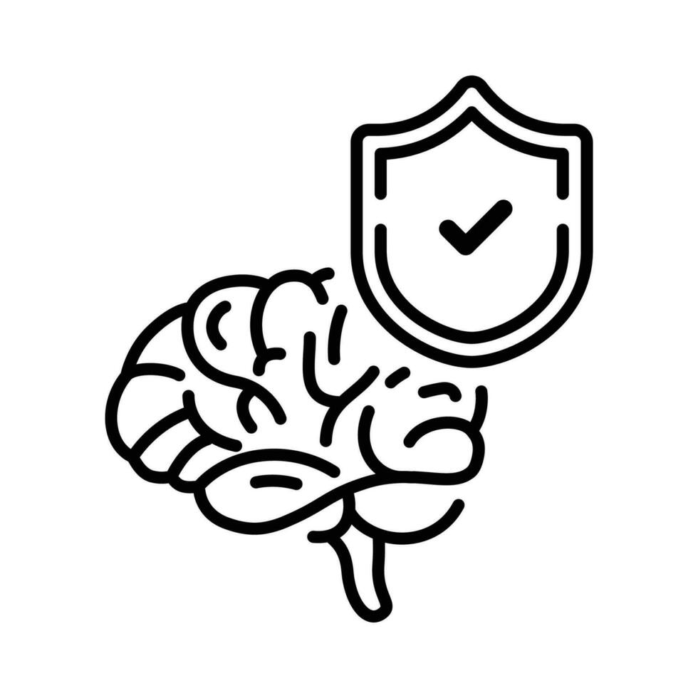 Brain and checked shield icon with line style vector