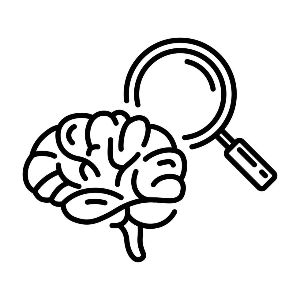 Line Icon Design of Brain and Magnifying glass to search and discover vector