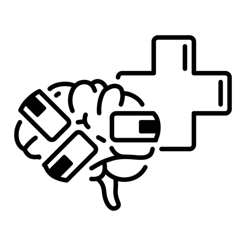 Line style icon for Brain in bandage and health cross vector