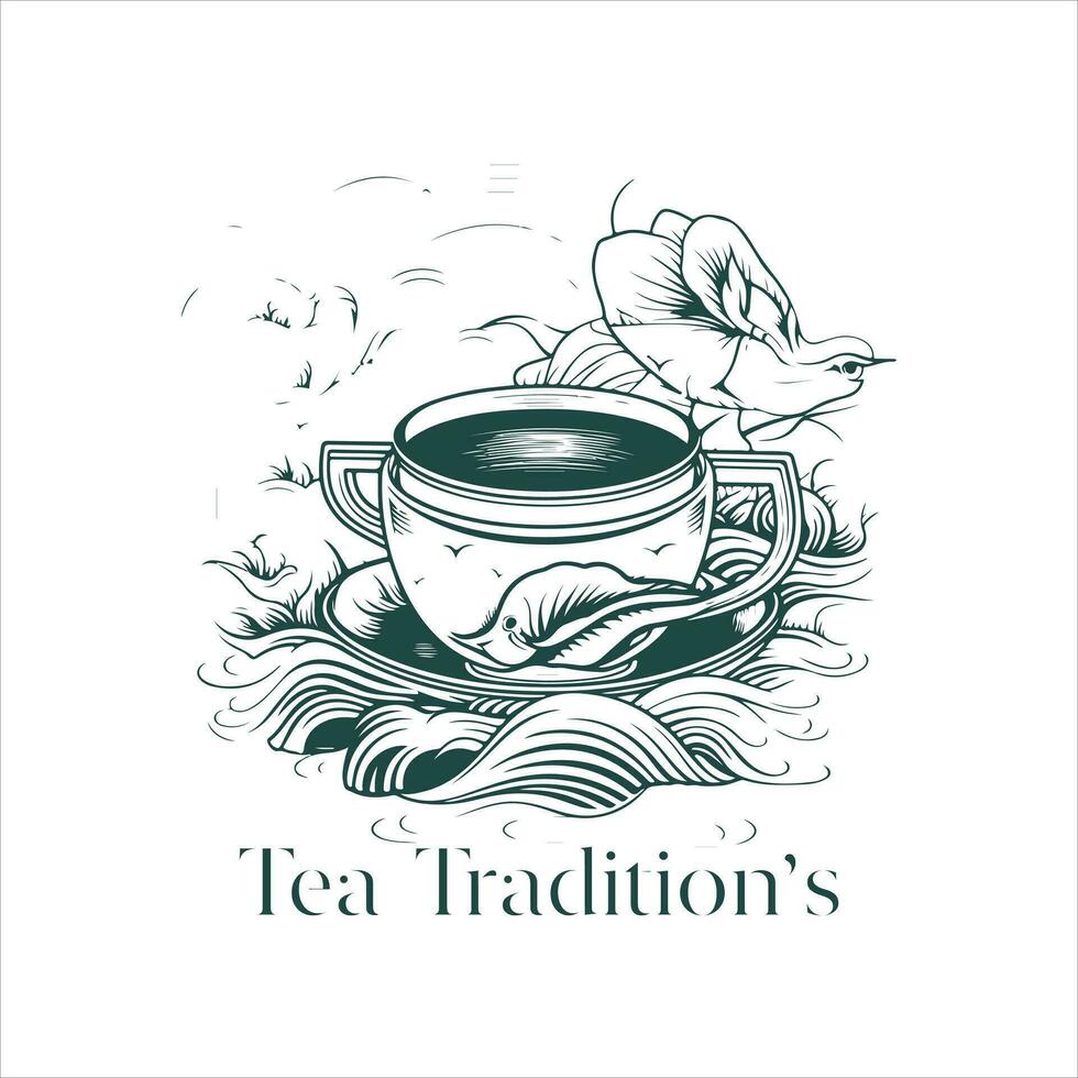 Illustration of Herbal traditional Tea. Tea Cup, tea leaves. Oriental, Chinese tea logo template. Vector Image EPS 10. Flat minimalistic style.