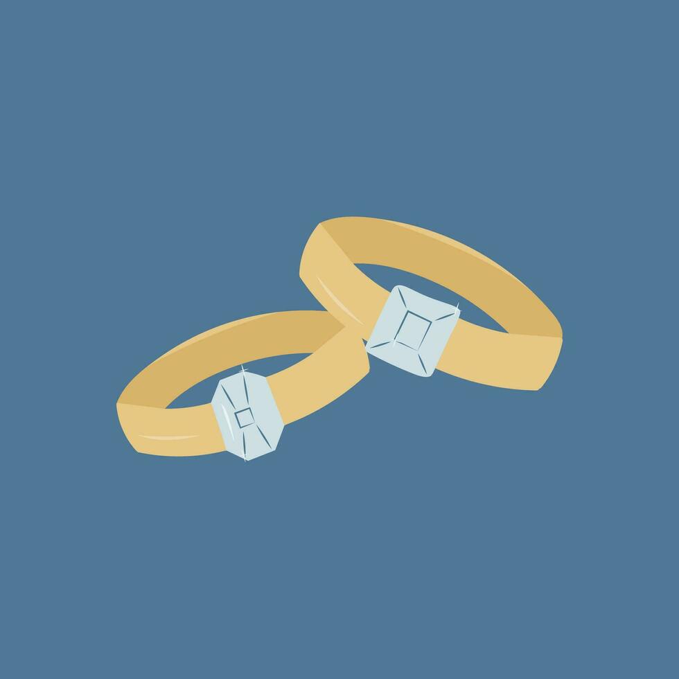 Two gold wedding rings with blue stones on a blue background. vector