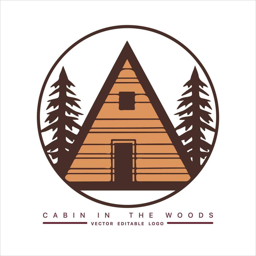 Wood cabin logo template. Cabin in the woods vector illustration. Cabin rentals logo. Chalet in the forest sticker.