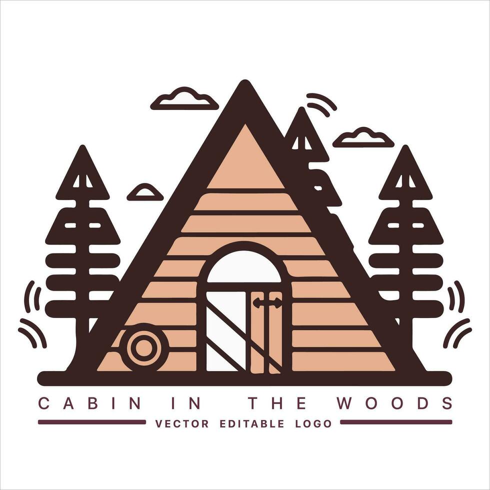 Wood cabin logo template. Cabin in the woods vector illustration. Cabin rentals logo. Chalet in the forest sticker.
