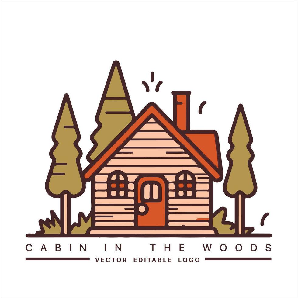 Wood cabin logo template. Cabin in the woods vector illustration. Cabin rentals logo. Chalet in the forest sticker.