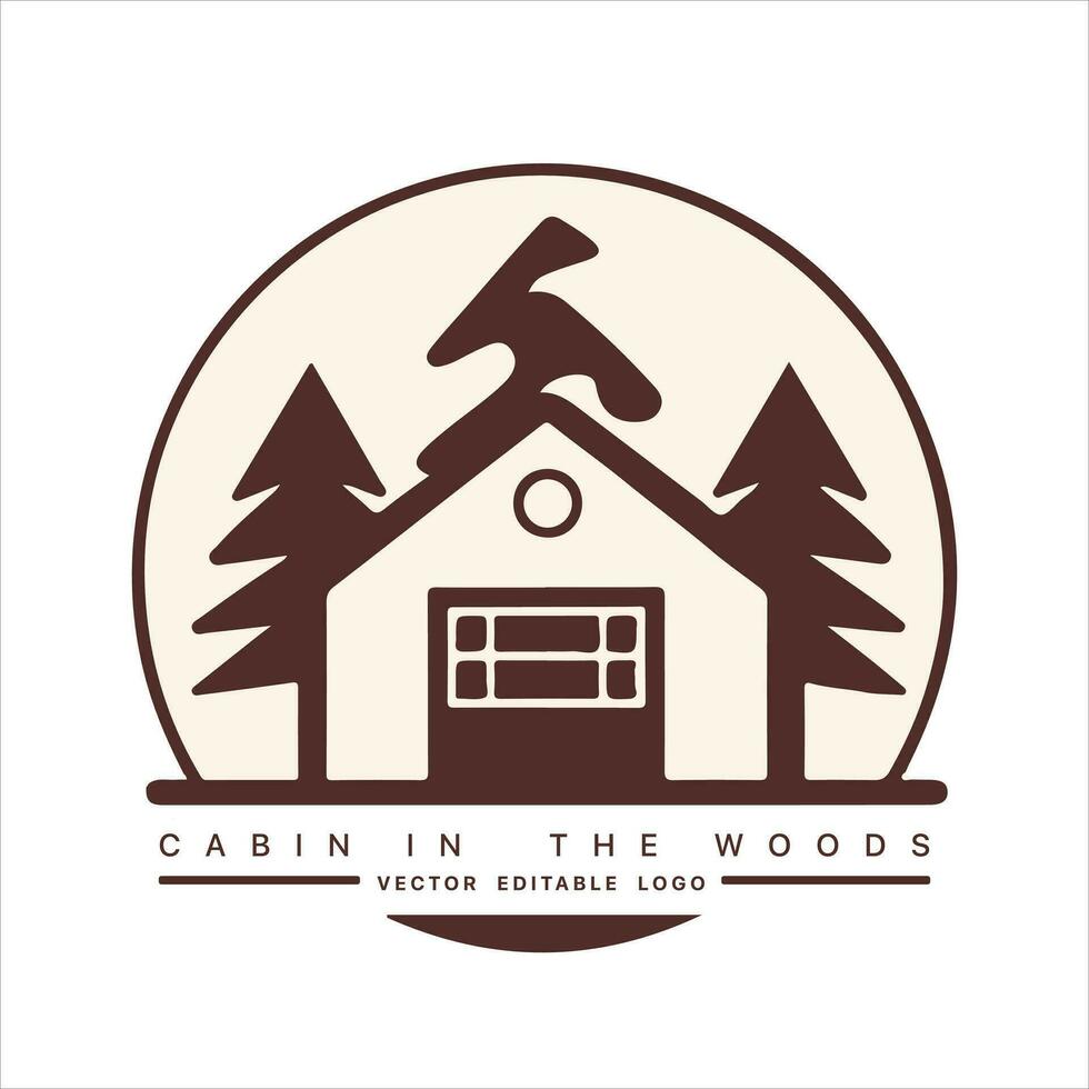 Wood cabin logo template. Cabin in the woods vector illustration. Cabin rentals logo. Chalet in the forest sticker.