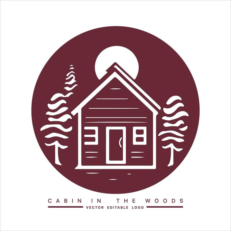 Wood cabin logo template. Cabin in the woods vector illustration. Cabin rentals logo. Chalet in the forest sticker.