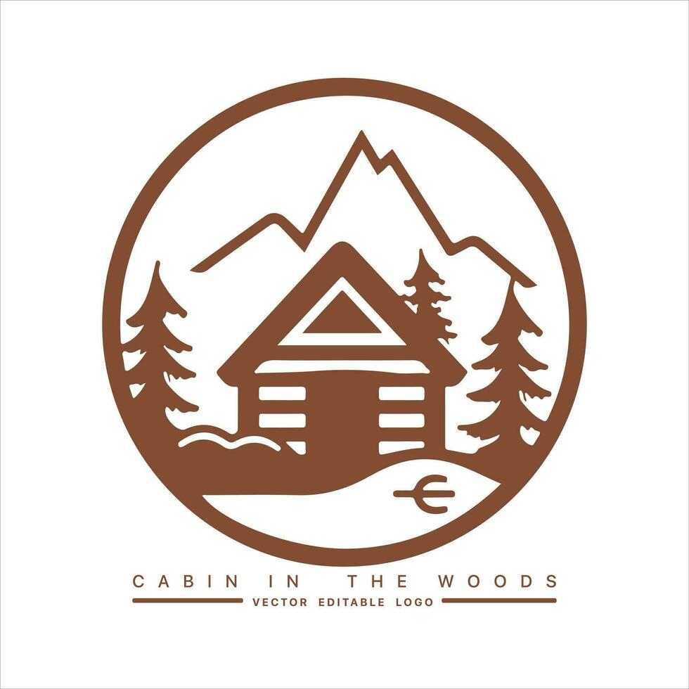 Wood cabin logo template. Cabin in the woods vector illustration. Cabin rentals logo. Chalet in the forest sticker.