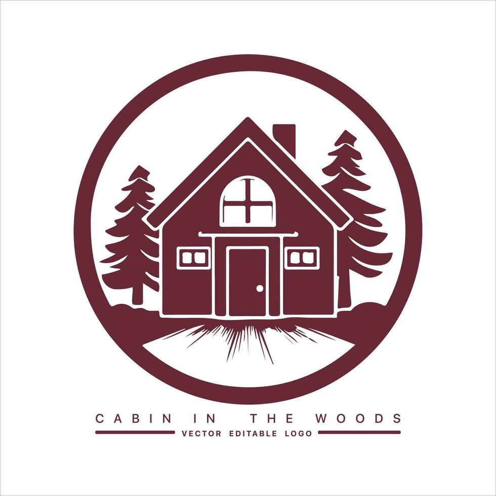 Wood cabin logo template. Cabin in the woods vector illustration. Cabin rentals logo. Chalet in the forest sticker.