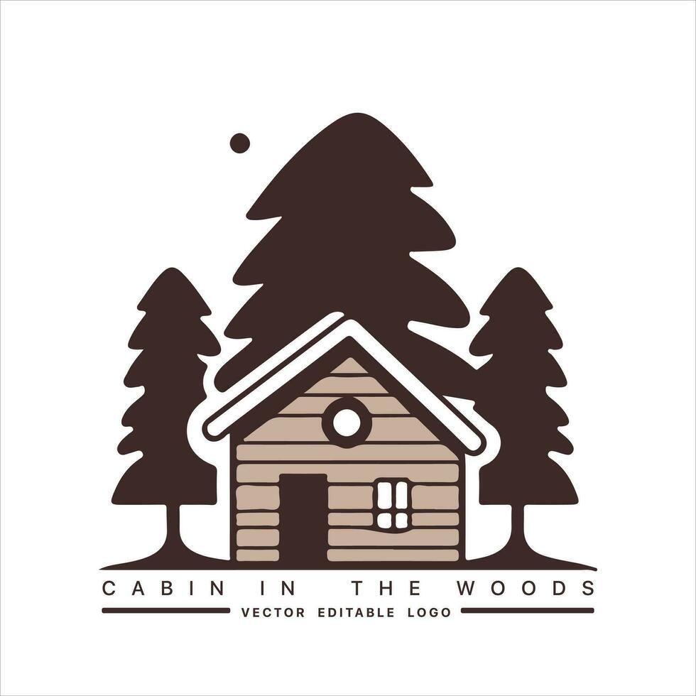Wood cabin logo template. Cabin in the woods vector illustration. Cabin rentals logo. Chalet in the forest sticker.