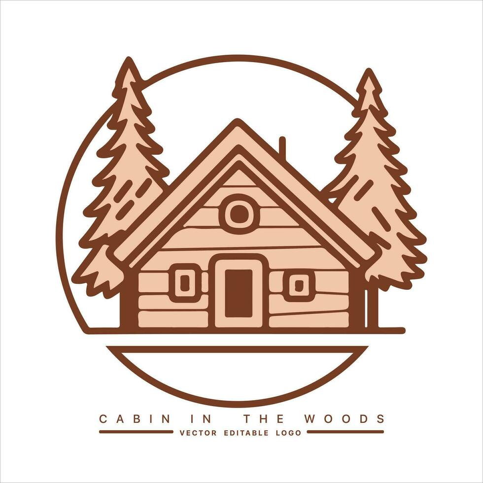 Wood cabin logo template. Cabin in the woods vector illustration. Cabin rentals logo. Chalet in the forest sticker.