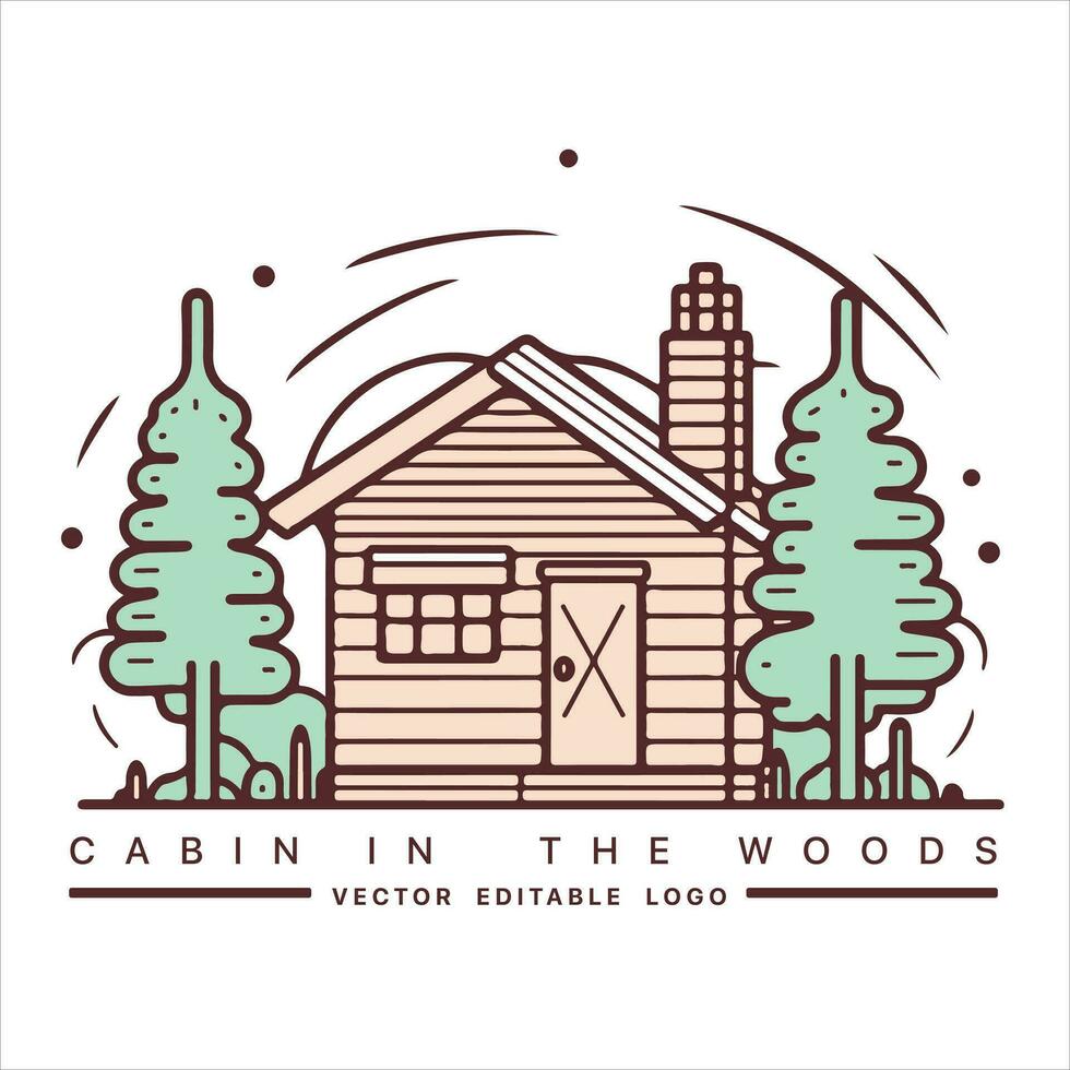 Wood cabin logo template. Cabin in the woods vector illustration. Cabin rentals logo. Chalet in the forest sticker.