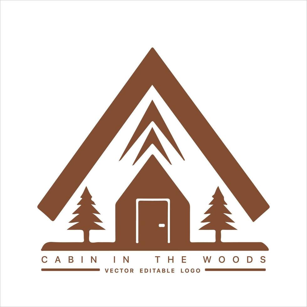 Wood cabin logo template. Cabin in the woods vector illustration. Cabin rentals logo. Chalet in the forest sticker.