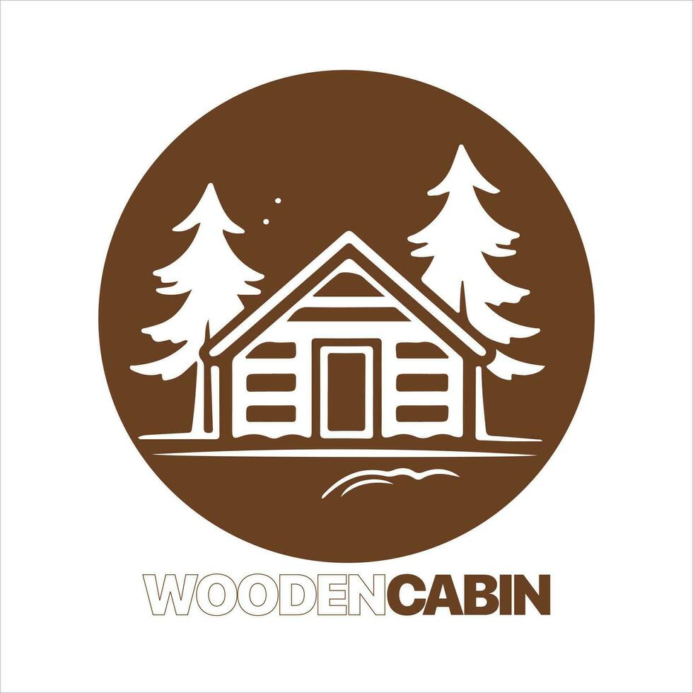 Wood cabin logo template. Cabin in the woods vector illustration. Cabin rentals logo. Chalet in the forest sticker.