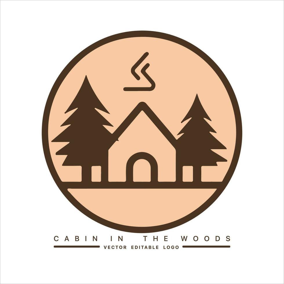 Wood cabin logo template. Cabin in the woods vector illustration. Cabin rentals logo. Chalet in the forest sticker.