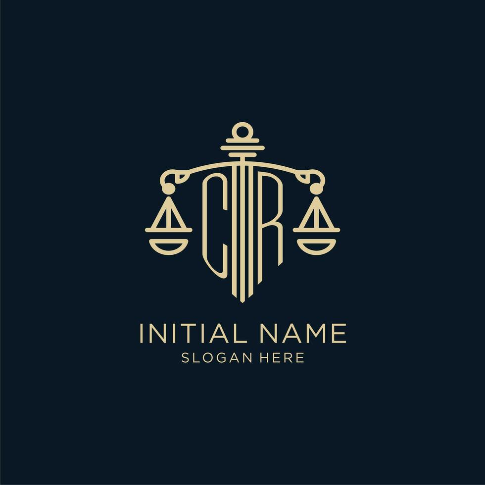 Initial CR logo with shield and scales of justice, luxury and modern law firm logo design vector