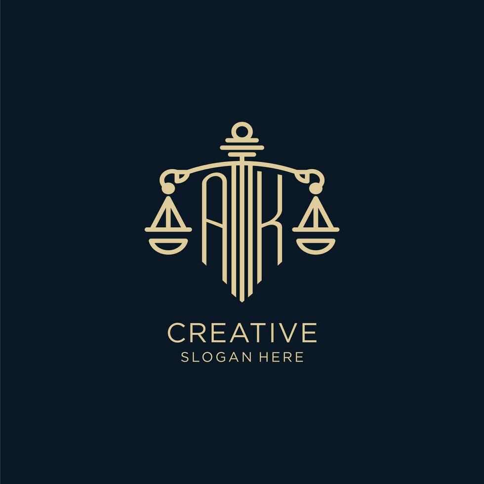 Initial AK logo with shield and scales of justice, luxury and modern law firm logo design vector