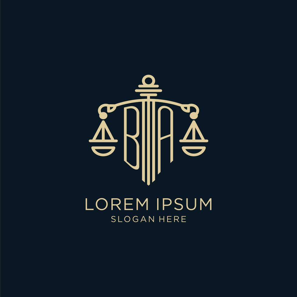 Initial BA logo with shield and scales of justice, luxury and modern law firm logo design vector