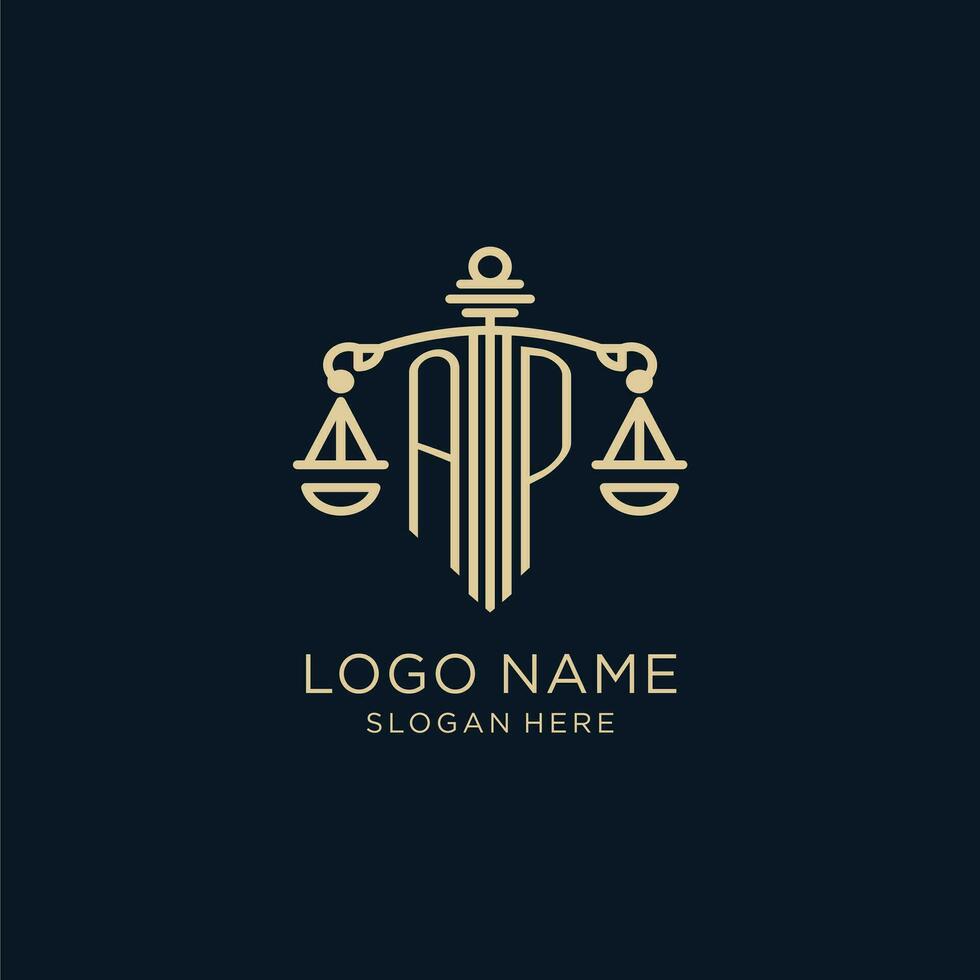 Initial AP logo with shield and scales of justice, luxury and modern law firm logo design vector