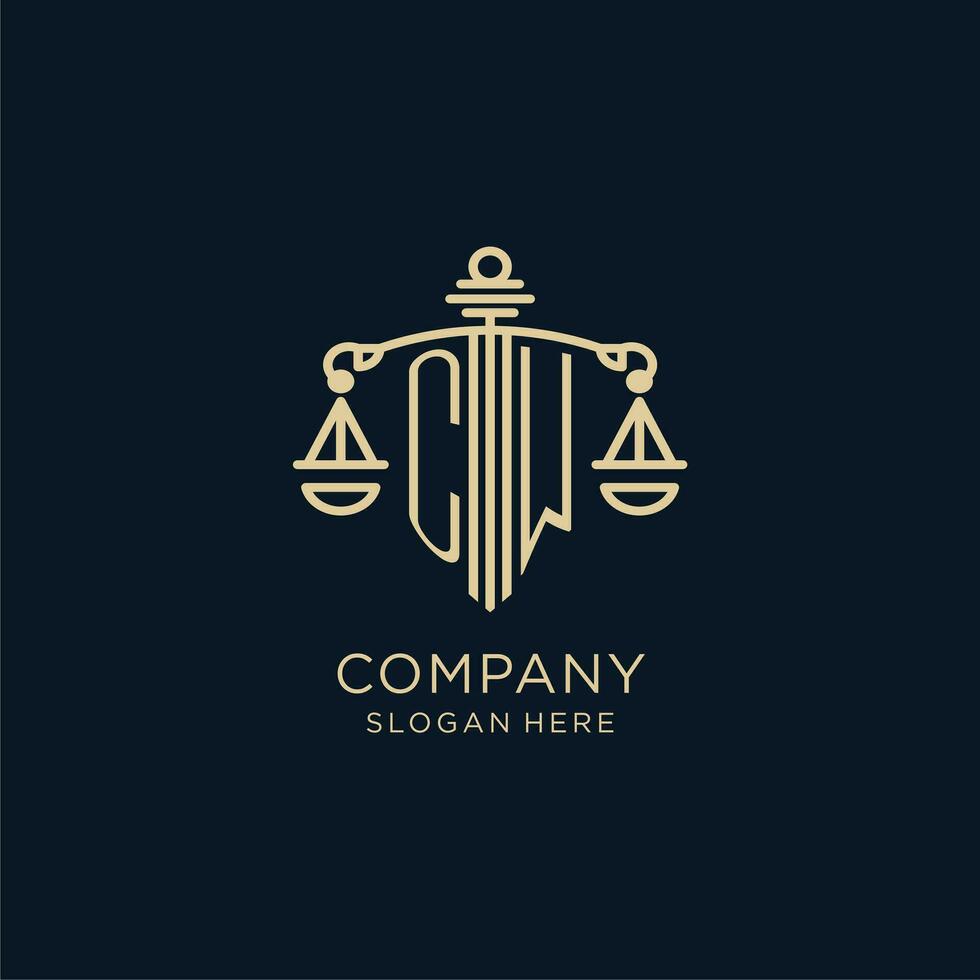 Initial CW logo with shield and scales of justice, luxury and modern law firm logo design vector