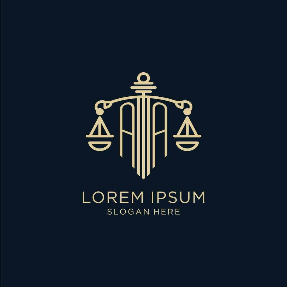 Initial AA logo with shield and scales of justice, luxury and modern law firm logo design vector