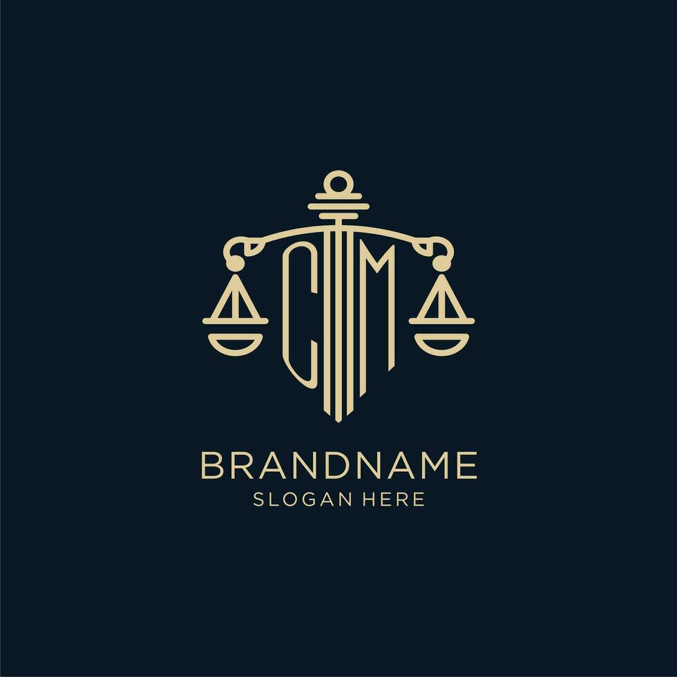 Initial CM logo with shield and scales of justice, luxury and modern law firm logo design vector