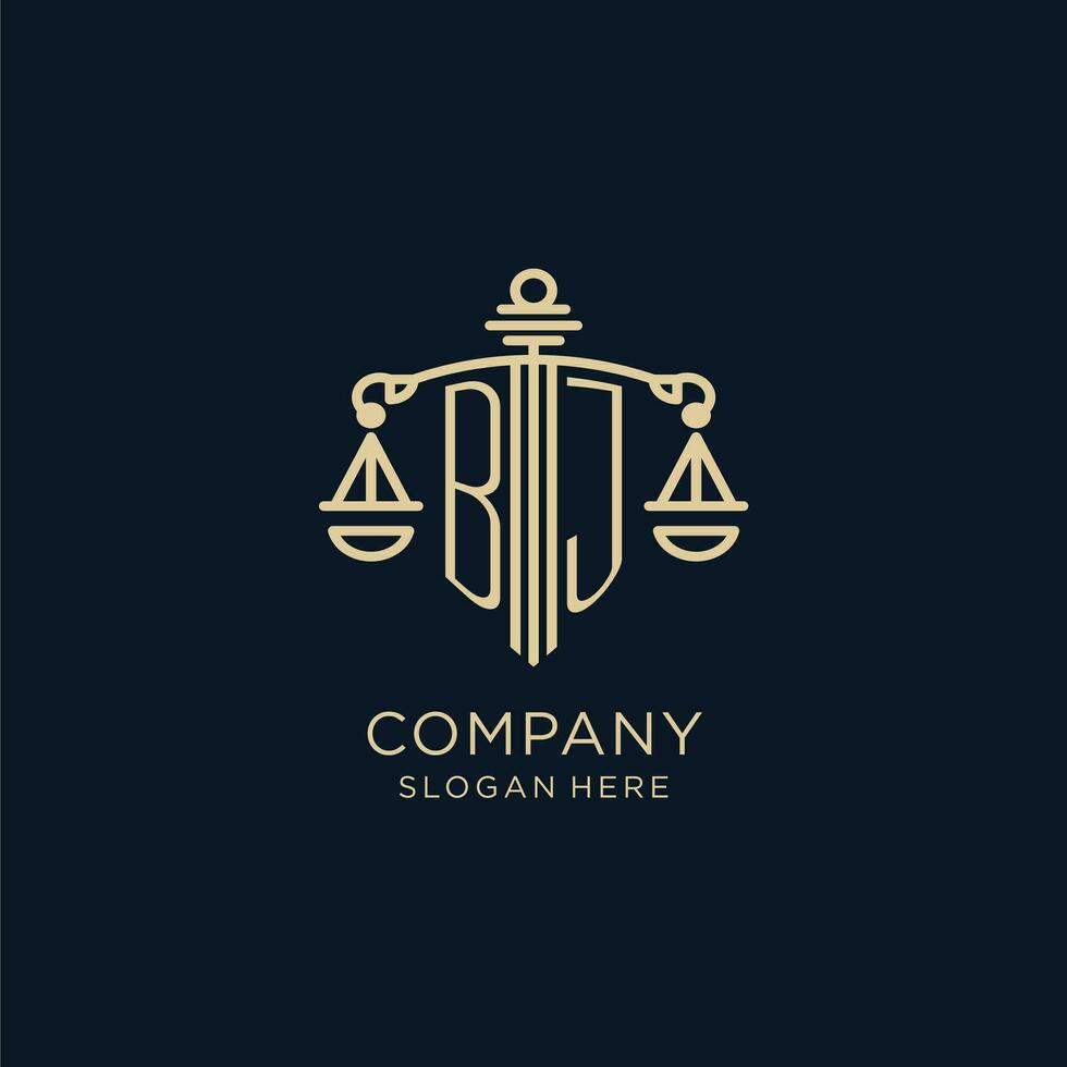 Initial BJ logo with shield and scales of justice, luxury and modern law firm logo design vector