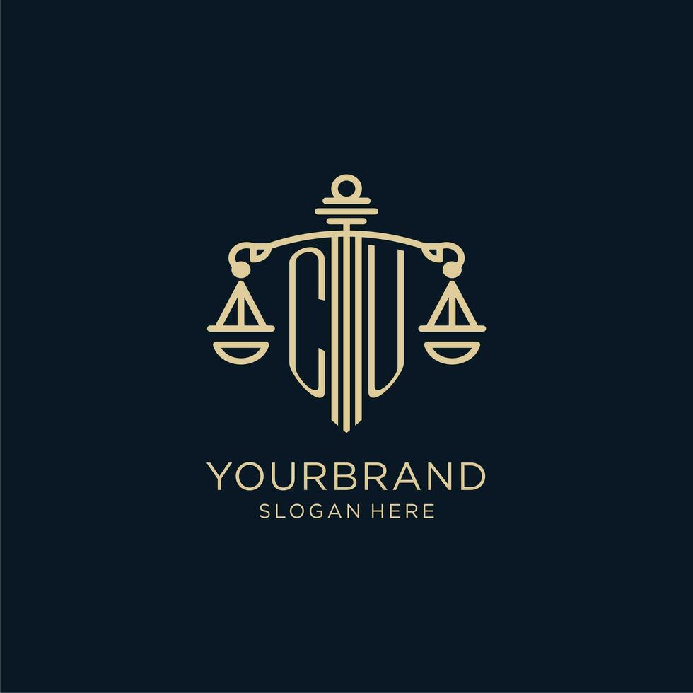 Initial CU logo with shield and scales of justice, luxury and modern law firm logo design vector