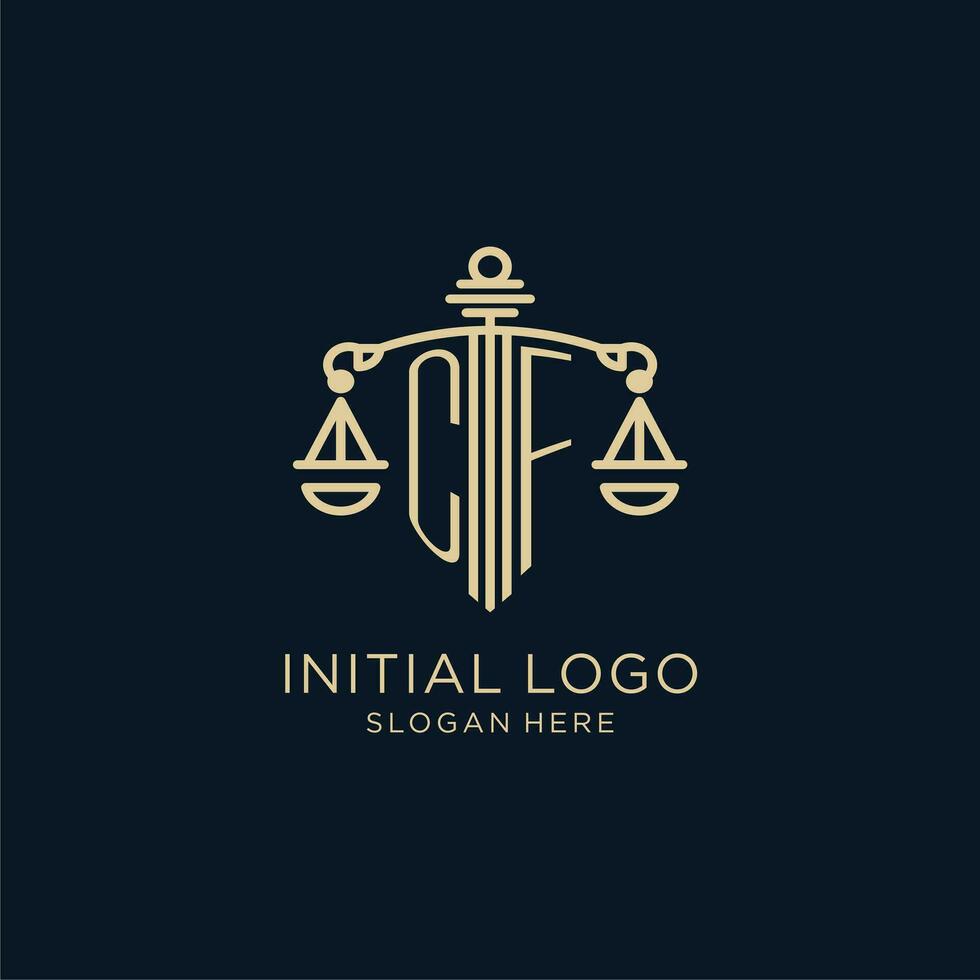 Initial CF logo with shield and scales of justice, luxury and modern law firm logo design vector