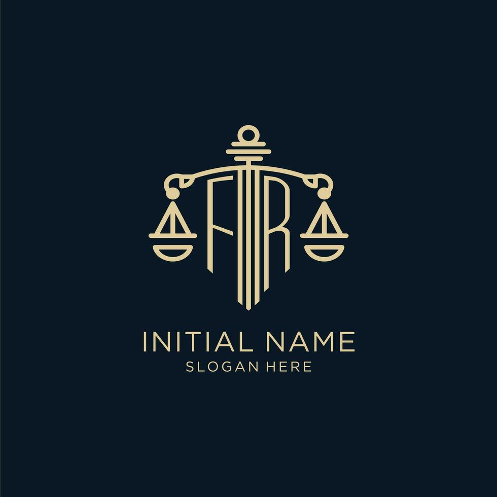 Initial FR logo with shield and scales of justice, luxury and modern law firm logo design vector