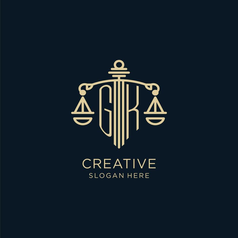 Initial GK logo with shield and scales of justice, luxury and modern law firm logo design vector