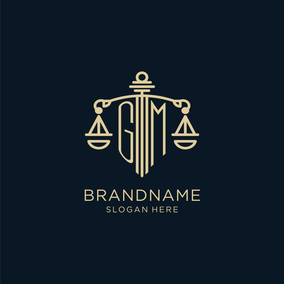 Initial GM logo with shield and scales of justice, luxury and modern law firm logo design vector