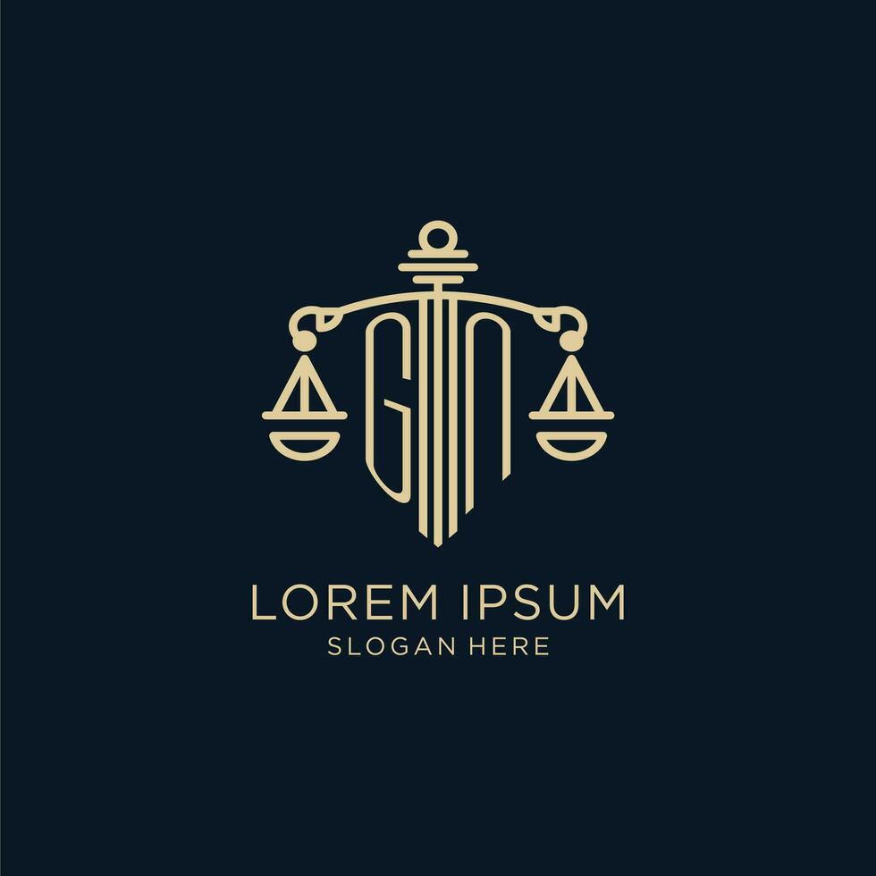 Initial GN logo with shield and scales of justice, luxury and modern law firm logo design vector