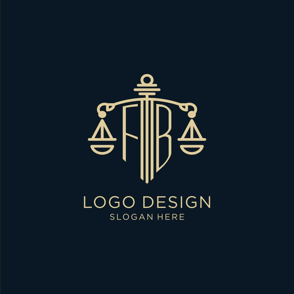 Initial FB logo with shield and scales of justice, luxury and modern law firm logo design vector