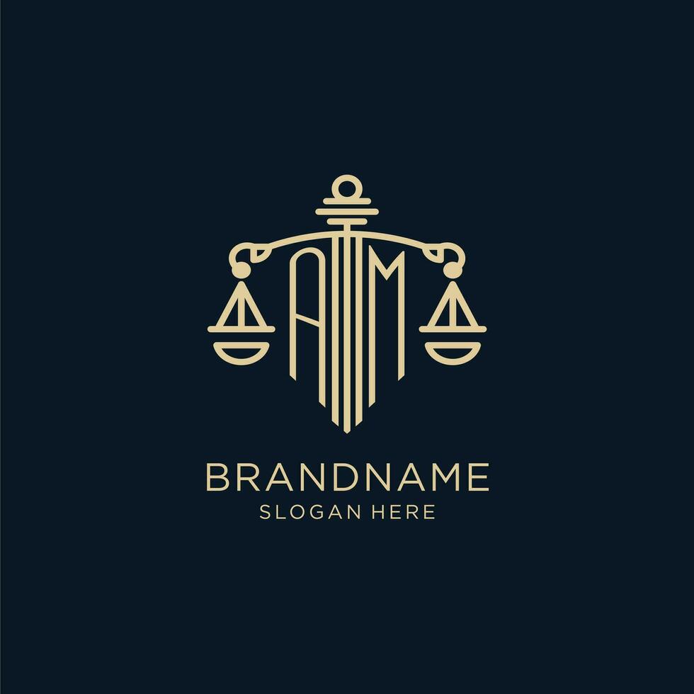 Initial AM logo with shield and scales of justice, luxury and modern law firm logo design vector