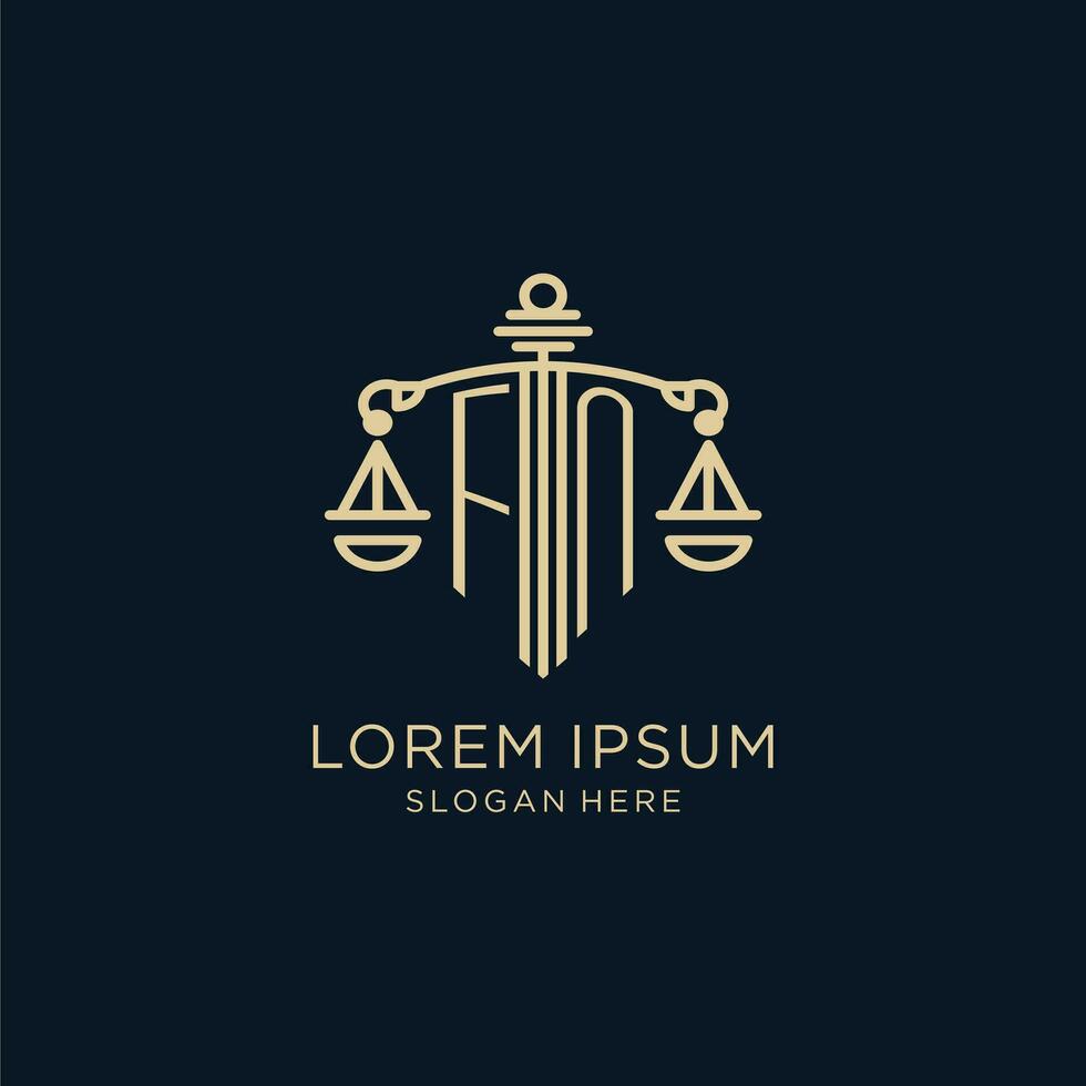 Initial FN logo with shield and scales of justice, luxury and modern law firm logo design vector