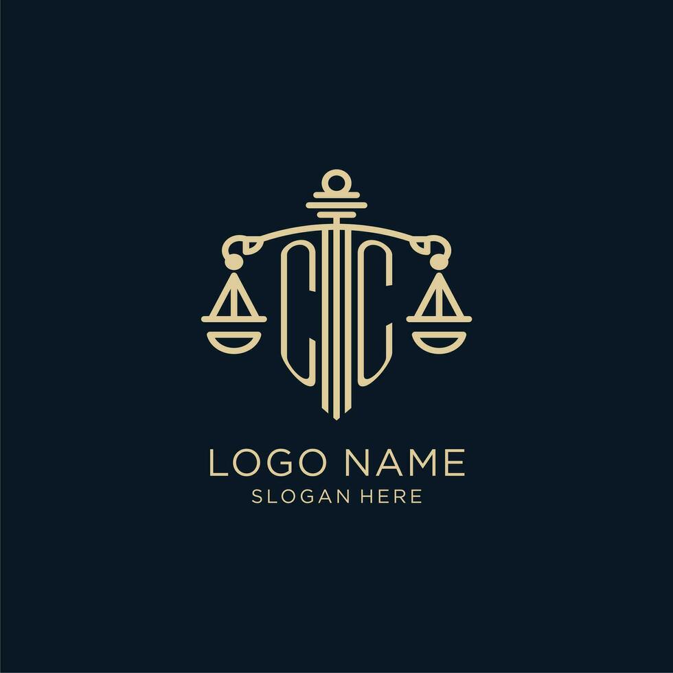 Initial CC logo with shield and scales of justice, luxury and modern law firm logo design vector