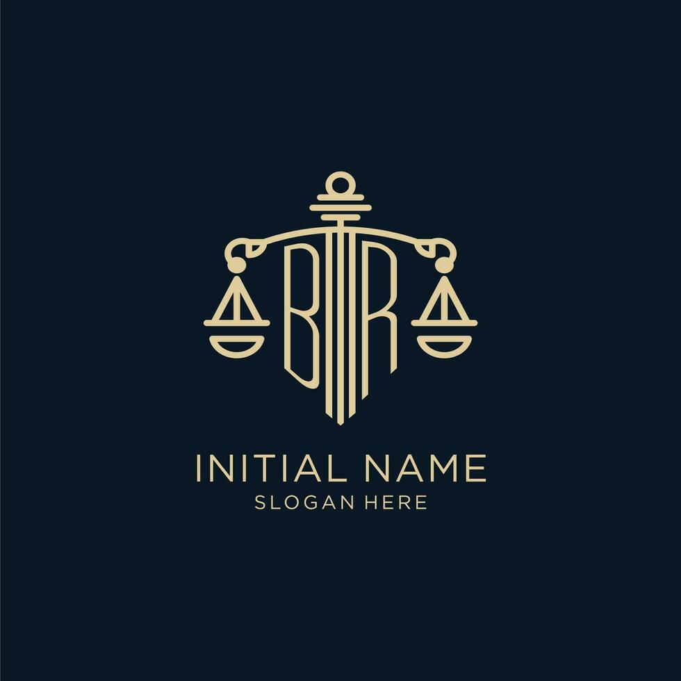 Initial BR logo with shield and scales of justice, luxury and modern law firm logo design vector