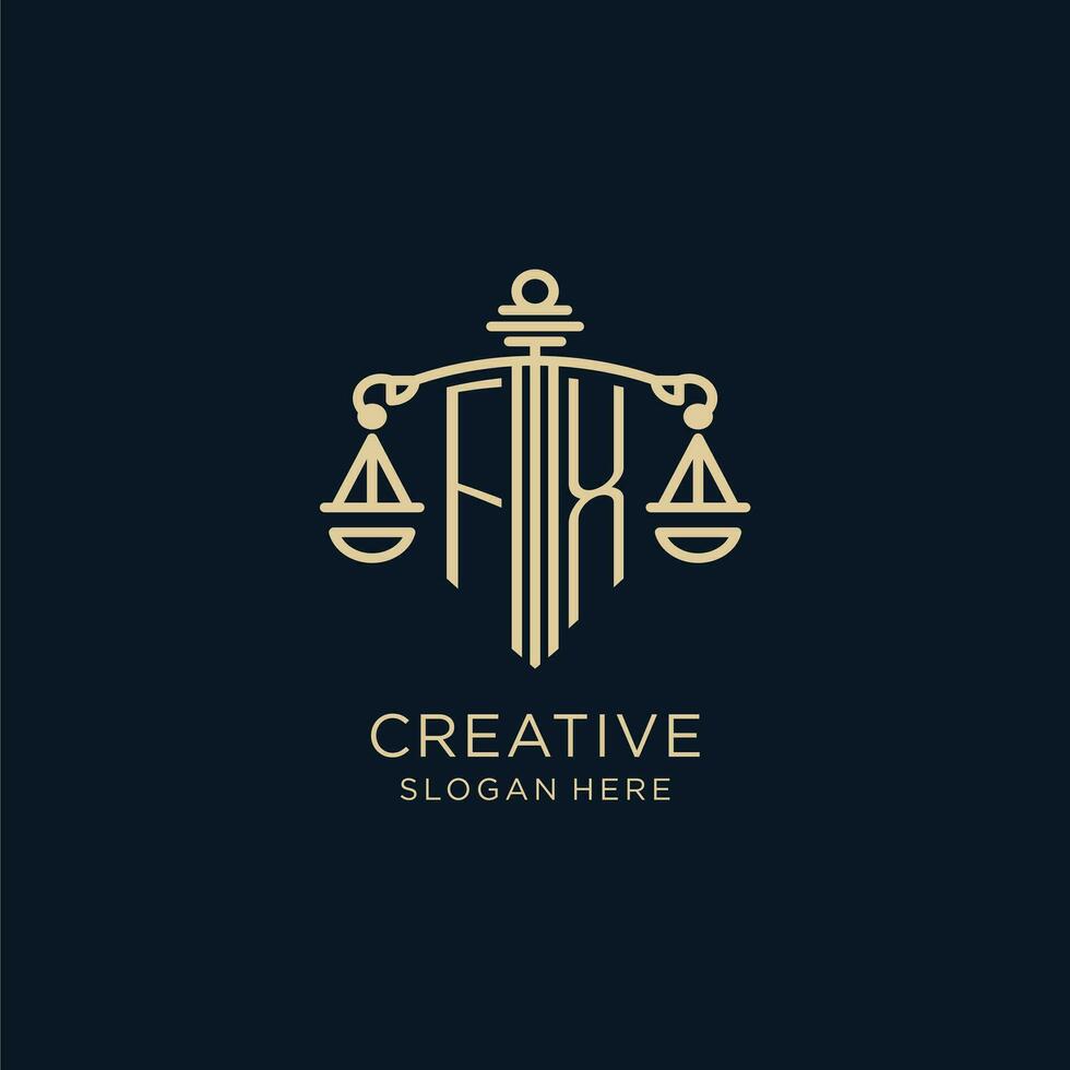 Initial FX logo with shield and scales of justice, luxury and modern law firm logo design vector
