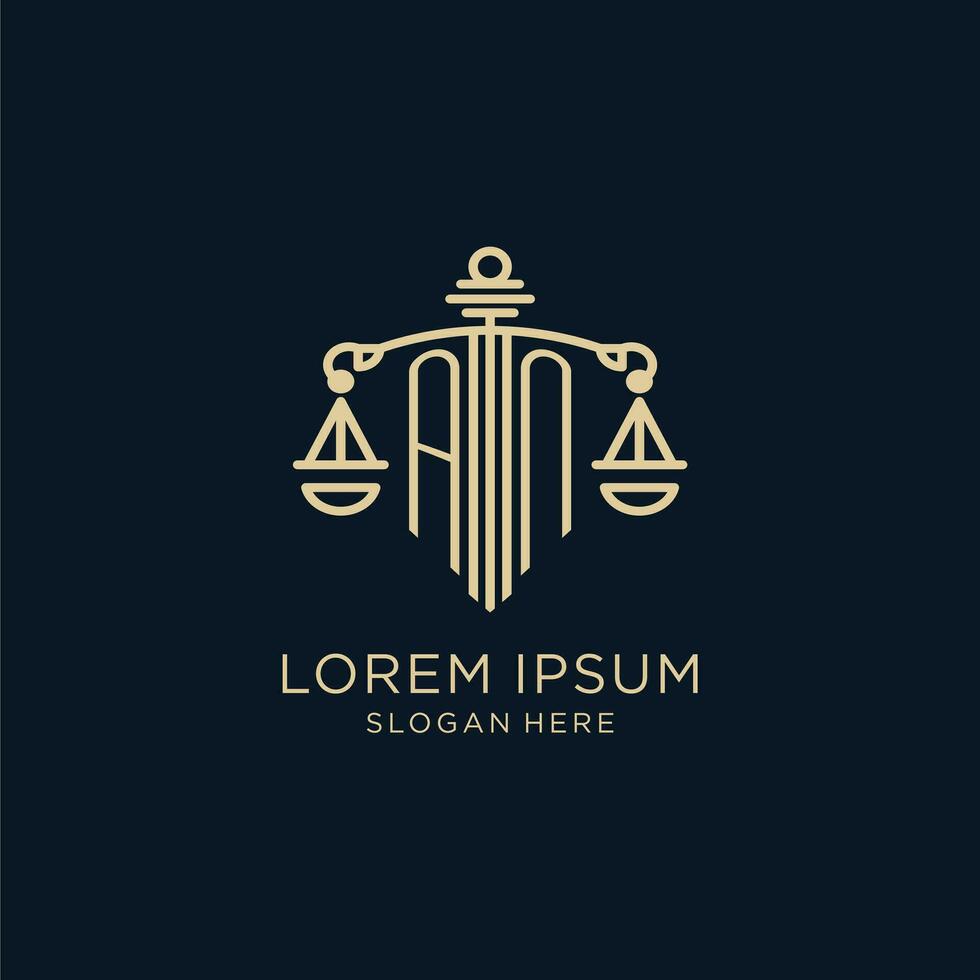 Initial AN logo with shield and scales of justice, luxury and modern law firm logo design vector